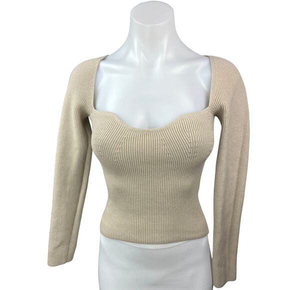 Zara Beige Sweetheart Neck Slim Fitted Stretch Knit Long Sleeve Sweater Top S - Picture 1 of 4
